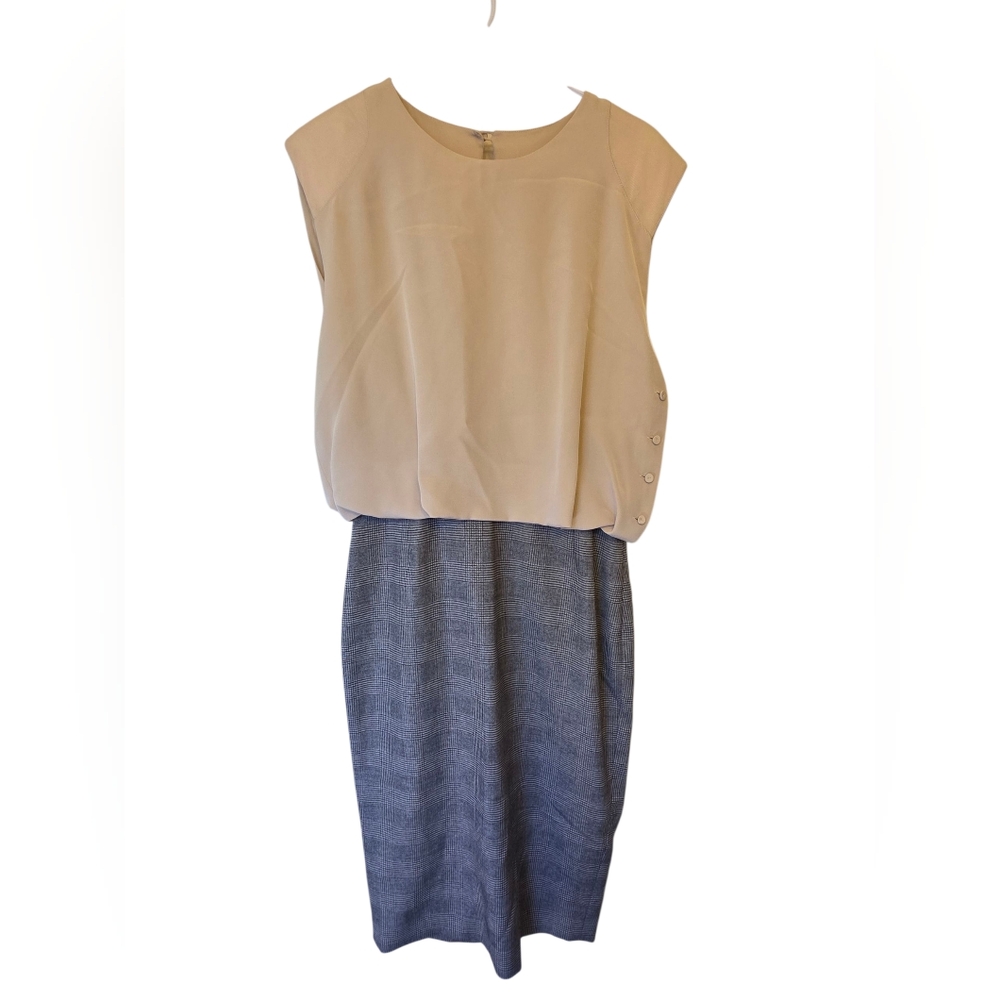 Rachel Roy Midi Dress Cream Silk Top Plaid Wool Blend Bottom Buttons Size 4